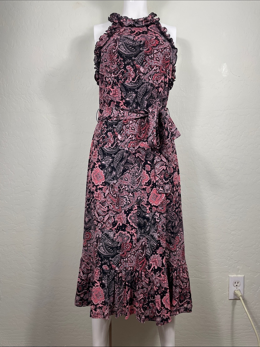 Michael Kors Pink & Black Paisley Halter Midi Dress